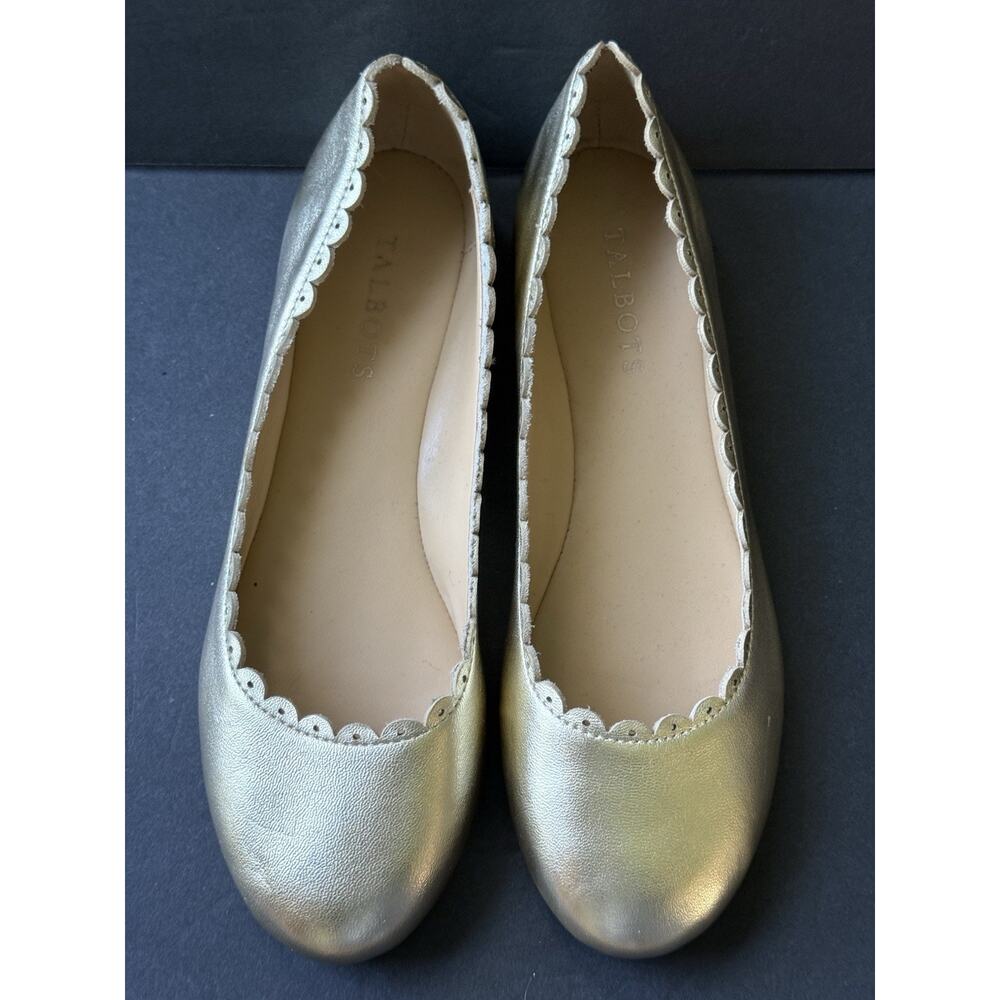 Talbots Penelope Gold Metallic Leather Scalloped Ballet Flats Size 6.5 Preppy